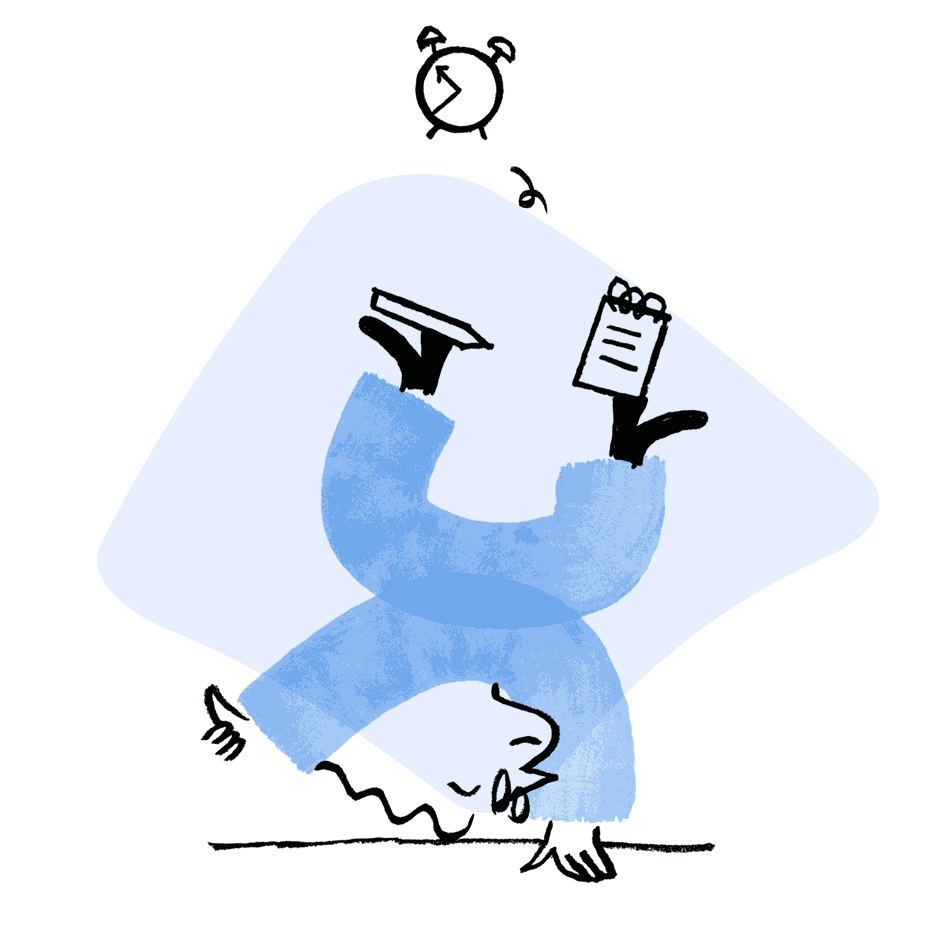 Gif of Quinn, doing a handstand while juggling a pencil, an alarm clock, and a notepad
