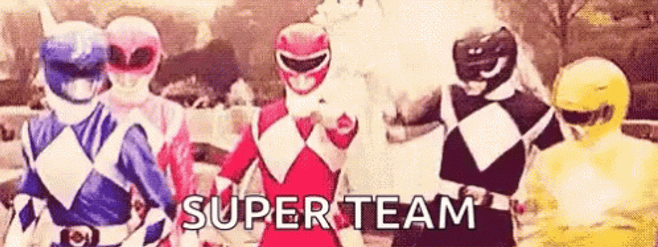A group of Power Rangers, each in their respective colored suits (blue, red, black, yellow), is seen posing heroically in unison. The text "SUPER TEAM" appears, highlighting their unity and teamwork