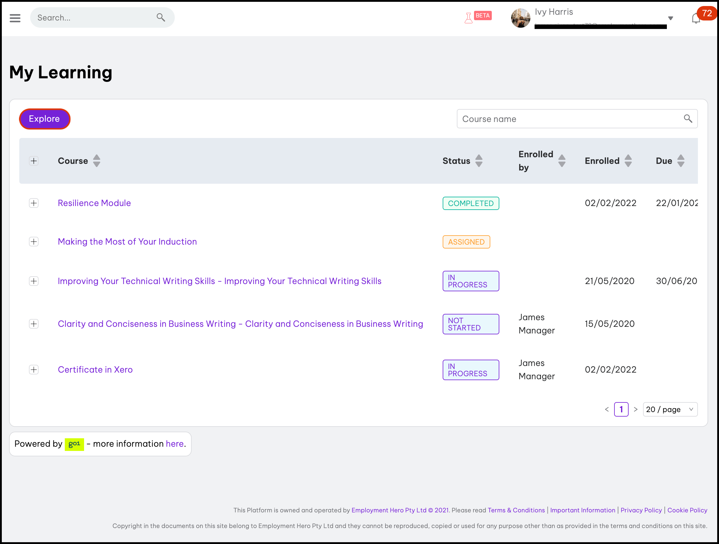 My Learning dashboard displaying a list of courses. Each course has a title, status, enrollment details, and due date. The statuses include 'Completed,' 'Assigned,' 'In Progress,' and 'Not Started.'