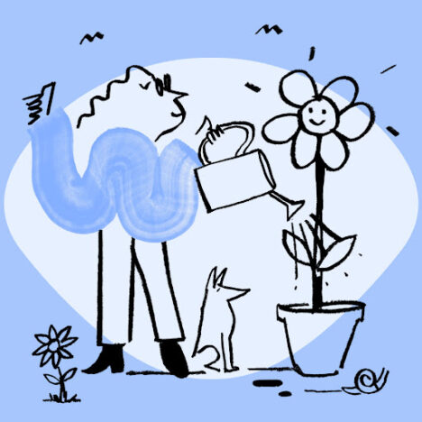 An illustration of Quinn watering a large potted flower with a smiling face, while a dog sits beside them