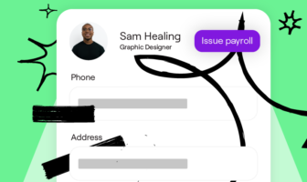Employee profile screen for Sam Healing, a Graphic Designer, with an "Issue payroll" button