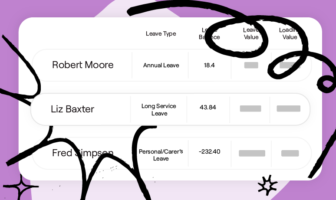 Employee leave balances showing different types of leave for Robert Moore, Liz Baxter, and Fred Simpson