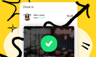 Clock-in confirmation screen for Alex Louey with a green checkmark indicating successful clock-in at 15:25
