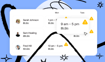 Employee roster schedule showing shifts for Sarah Johnson, Sam Healing, and Fred Hill with alert icons for shift conflicts or issues