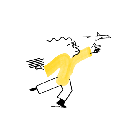 A graphic of Quinn leaning forward, setting a paper plane in motion