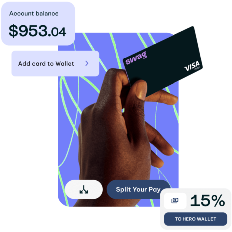 A graphic showing a hand holding a Swag Visa card with various financial interface elements
