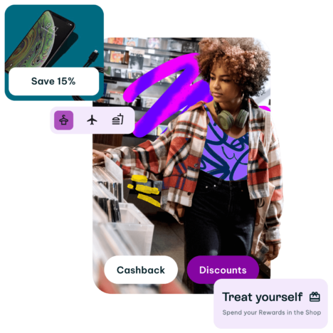 A graphic featuring a person browsing in a store, surrounded by UI elements promoting discounts, cashback, and rewards