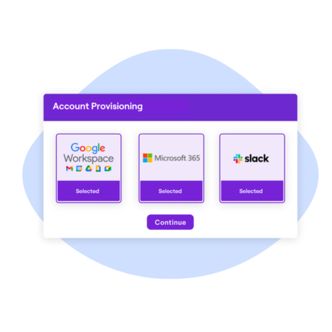Account provisioning interface showing options for integrating with Google Workspace, Microsoft 365, and Slack