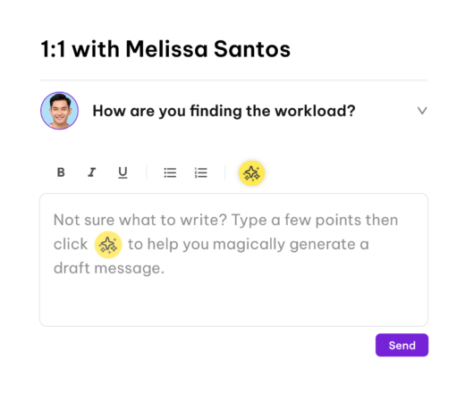 Screenshot showing an AI-powered 1:1 meeting interface with Melissa Santos