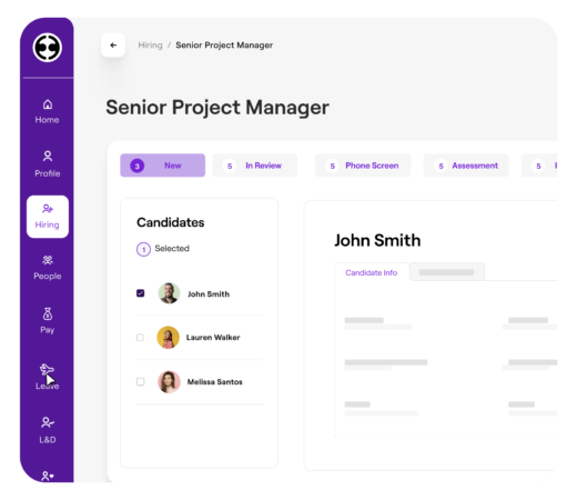An image displaying a "Senior Project Manager" hiring dashboard. The interface shows different stages of the hiring process, such as "In Review" and "Phone Screen,"