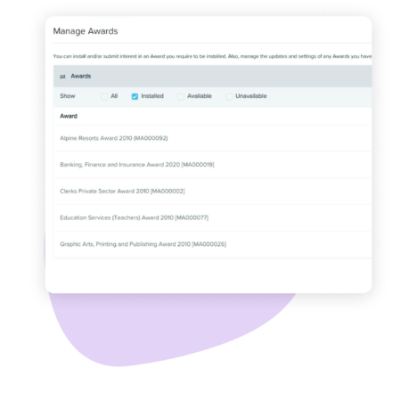 A screenshot showing a list of awards in a management interface, with options to view, install, and update various industry awards.