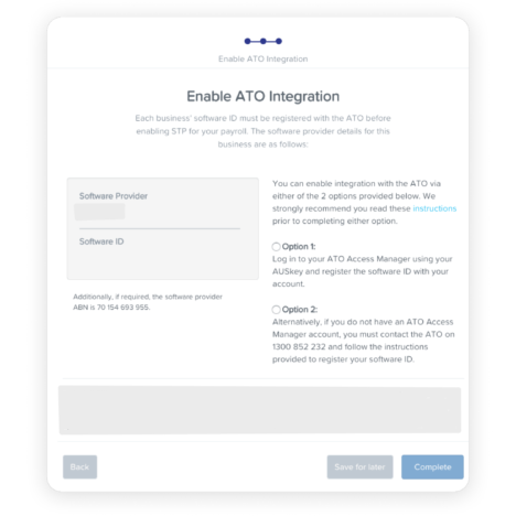 Screenshot of the 'Enable ATO Integration' screen for Single Touch Payroll in Australia