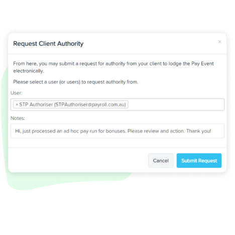 Screenshot of a 'Request Client Authority' form in the Single Touch Payroll system