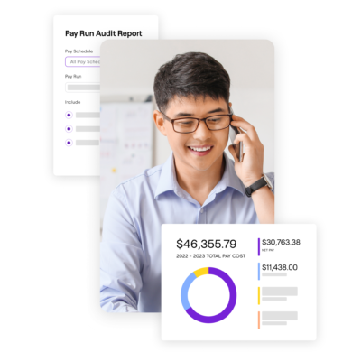 Man on the phone with pay run audit report and financial charts