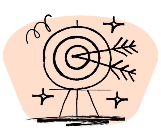 An illustration of a bullseye target with two arrows hitting the center, set against a peach-colored background