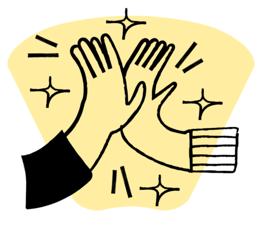 An illustration of two hands high-fiving with sparkles around them