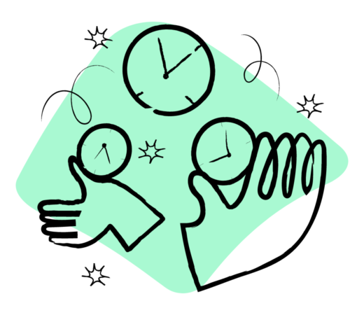 Illustration of three clock icons held by hand shapes, representing time management or scheduling