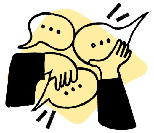 An illustration of three speech bubbles with hands gesturing towards them, representing communication, discussion, or brainstorming, set against a yellow background
