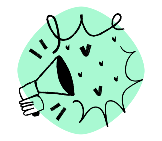 An illustration of a hand holding a megaphone with exclamation marks around it, set against a light green background
