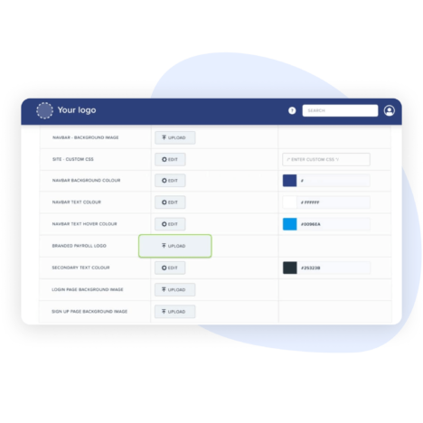 A screenshot of a customization interface with options to upload images and adjust colors for a user interface, such as logo and text colors.