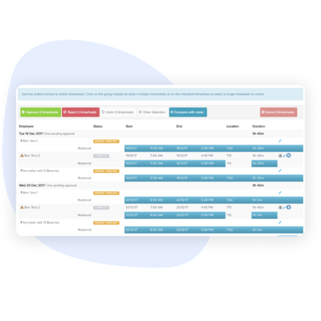 Image displaying a comparison view of scheduled rosters versus actual timesheets for multiple employees