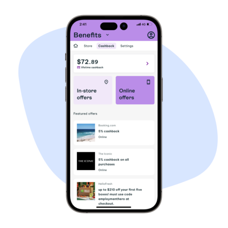 A smartphone screen displaying the "Benefits" page, showcasing a $72.89 lifetime cashback balance. It includes options for in-store and online offers, along with featured promotions.