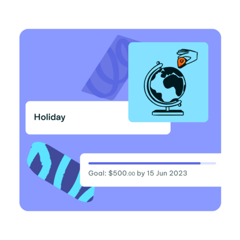 An illustration showing a holiday savings goal. The image includes a globe icon, a label "Holiday," and a progress bar indicating the goal of $500 by June 15, 2023, against a blue background with playful graphics