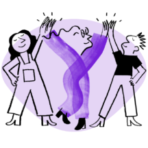 Three characters high-fiving with a purple abstract shape behind them