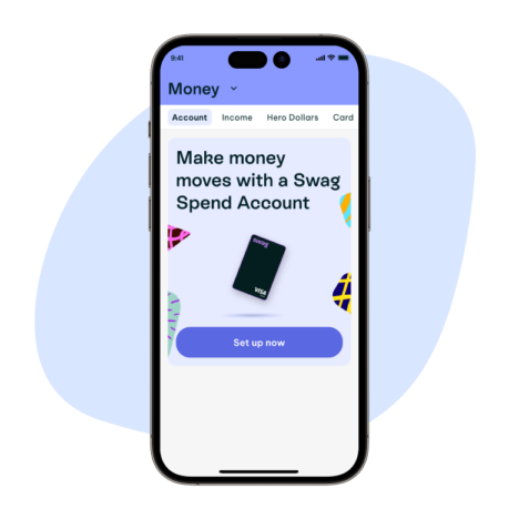 A smartphone screen displaying the "Money" page with a prompt to set up a Swag Spend Account