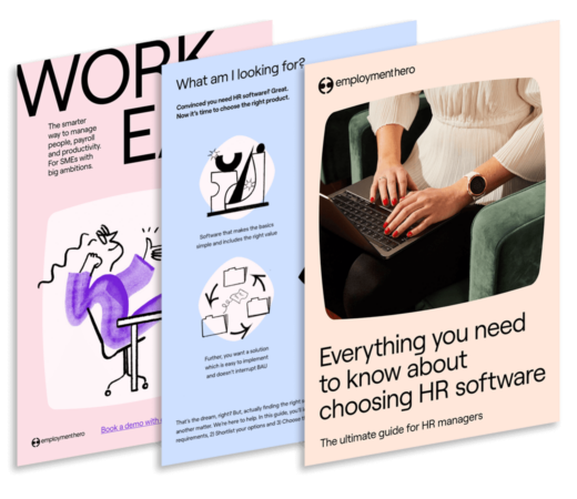 An image displaying three pages of Employment Hero's guide on choosing HR software