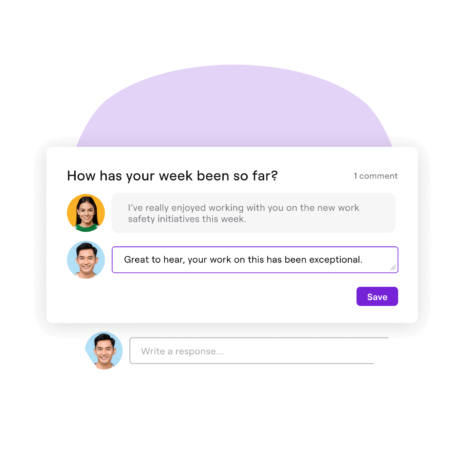 The image depicts a conversation interface with feedback exchange, featuring a question prompt