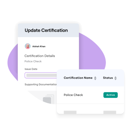 Certification update interface showing details of a police check, including issue date and status, with an "Active" status indicator
