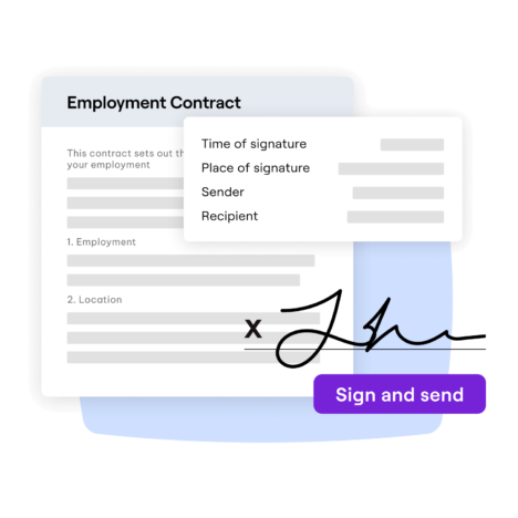 Digital employment contract with fields for signature details such as time, place, sender, and recipient, along with a digital signature area and a "Sign and send" button
