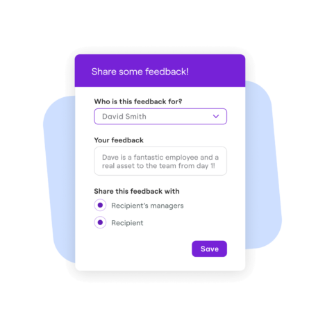 The image shows a feedback form with fields to select a recipient ("Who is this feedback for?"), a text area for the feedback content, and options to share the feedback with either the recipient's managers or directly with the recipient. The background has a blue gradient overlay