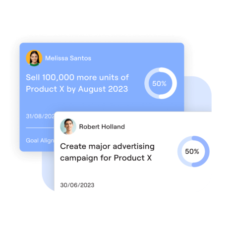 Two goal cards showing 50% progress: Melissa Santos aims to sell 100,000 units of Product X by August 2023; Robert Holland is working on a major ad campaign for Product X