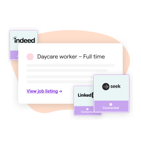 Illustration of a job listing for a daycare worker, displayed alongside icons for job boards