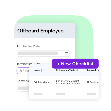 Employee offboarding form showing fields for termination date and type, along with a checklist for exit interviews and offboarding tasks