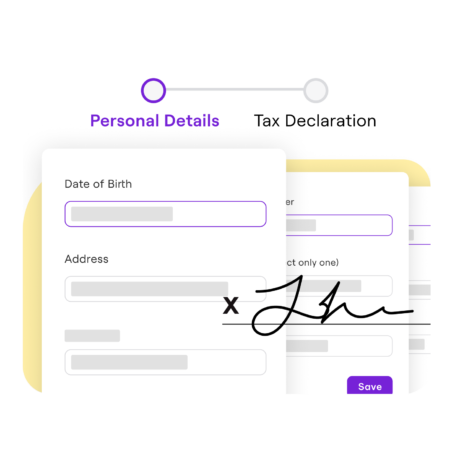 Digital form for personal details, including fields for date of birth and address, with a digital signature section and a progress indicator at the top