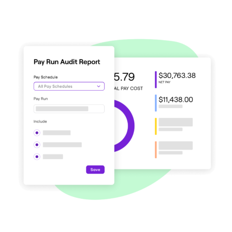 "Illustration depicting a Pay Run Audit Report with customizable options like pay schedules and specific pay run
