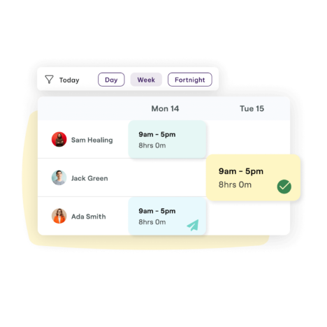Illustration showing a digital employee rostering interface with a day, week, and fortnight view. The schedule lists employees with their shifts, indicating start and end times