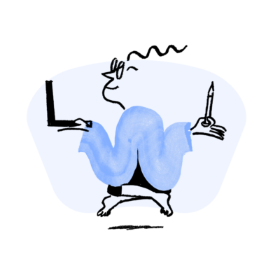 Graphic of Quinn balancing a laptop and pencil, dressed in blue, on a light blue background.