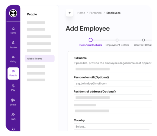 An image showing an "Add Employee" form in an HR platform. The interface is divided into sections like Personal Details, Employment Details, and Contact Details