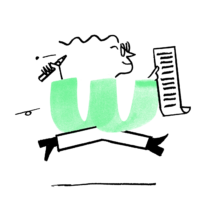 A stylised Quinn leaping while holding to a long list and a pencil on one hand