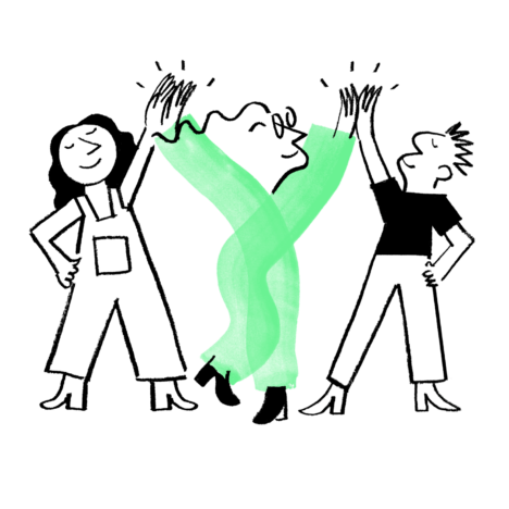 Illustration of Quinn in green, highfiving two people