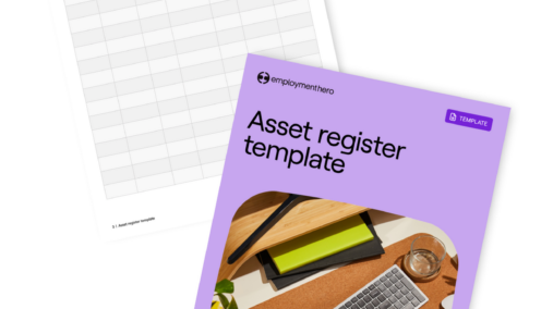 Two-page document titled 'Asset register template,' featuring a cover image with a person typing on a laptop at a desk