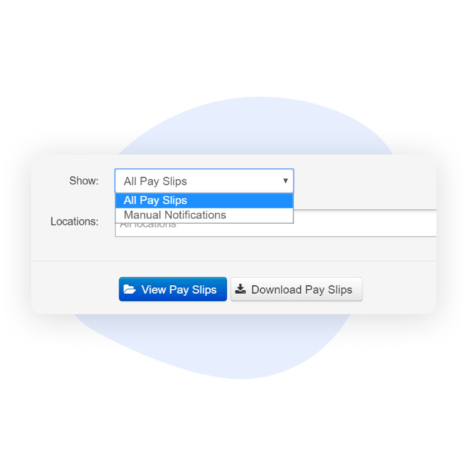 Screenshot showing options for viewing or downloading pay slips in a management dashboard. The dropdown menu is set to 'All Pay Slips' and includes an option for 'Manual Notifications.' Buttons below allow the user to view or download pay slips