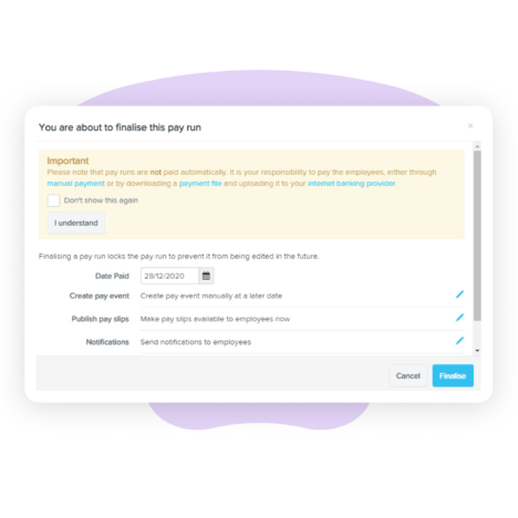 Screenshot of the 'Finalise Pay Run' window in payroll software, showing options to lock the pay run, set the date paid, create pay event manually, publish pay slips, and send notifications to employees