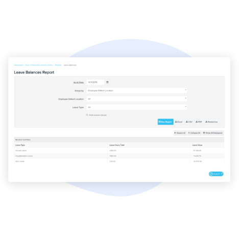 An image depicting a Leave Balances Report interface. It displays various fields such as date range, employee location, and leave type filters, with a button labeled "Filter Report."