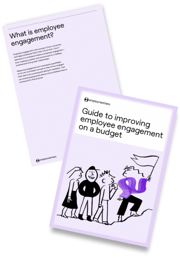 Guide cover titled 'Improving employee engagement on a budget' with an illustration of a group of people.