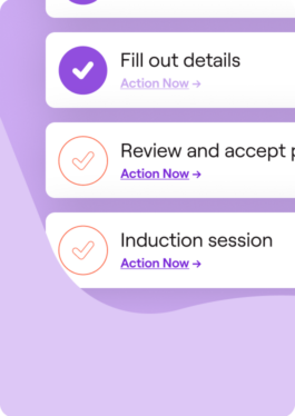 Checklist of onboarding tasks, including filling out details, reviewing and accepting policies